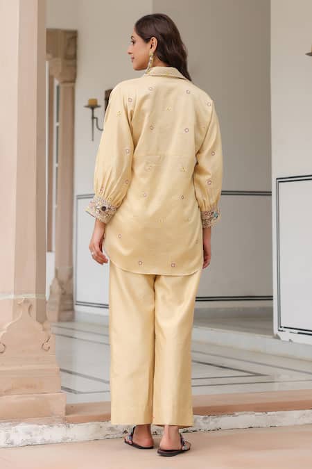 Shop_Label Niti Bothra_Ivory Silk, Tencel Embroidery, Beads Collared Floral Pant Set _at_Aza_Fashions