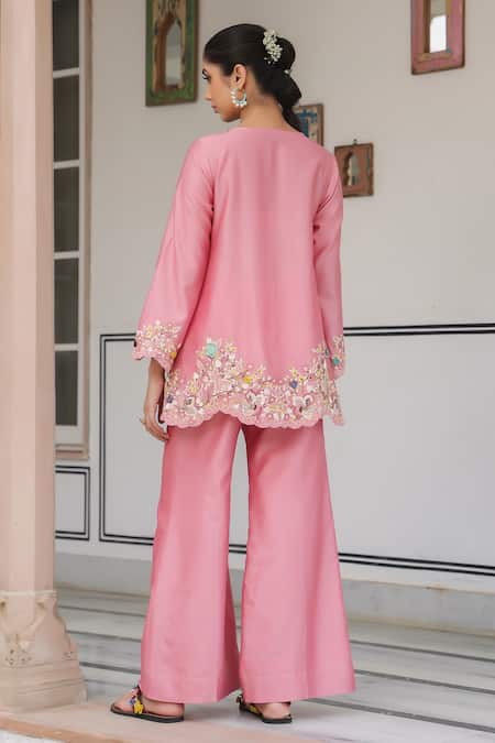 Shop_Label Niti Bothra_Pink Silk, Tencel Embroidery, Beads Round Neck Floral Pant Set _at_Aza_Fashions
