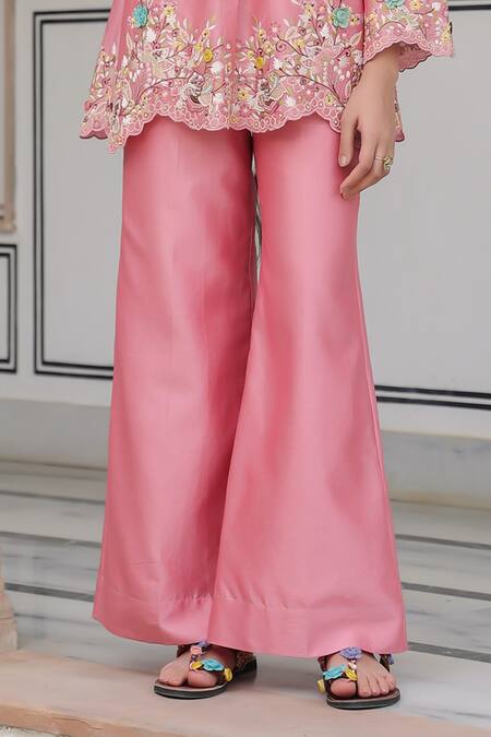 Label Niti Bothra Pink Silk, Tencel Embroidery, Beads Round Neck Floral Pant Set Online at Aza Fashions Label Niti Bothra_Pink Silk, Tencel Embroidery, Beads Round Neck Floral Pant Set _Online_at_Aza_Fashions