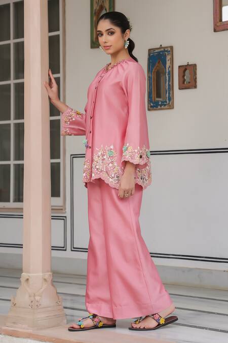 Buy_Label Niti Bothra_Pink Silk, Tencel Embroidery, Beads Round Neck Floral Pant Set _Online_at_Aza_Fashions