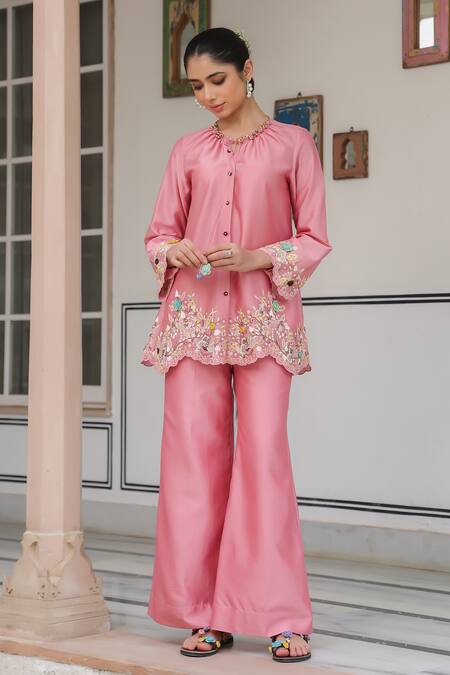 Shop_Label Niti Bothra_Pink Silk, Tencel Embroidery, Beads Round Neck Floral Pant Set _Online_at_Aza_Fashions