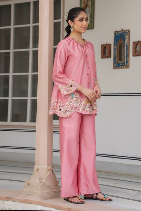 Label Niti Bothra_Pink Silk, Tencel Embroidery, Beads Round Neck Floral Pant Set _at_Aza_Fashions