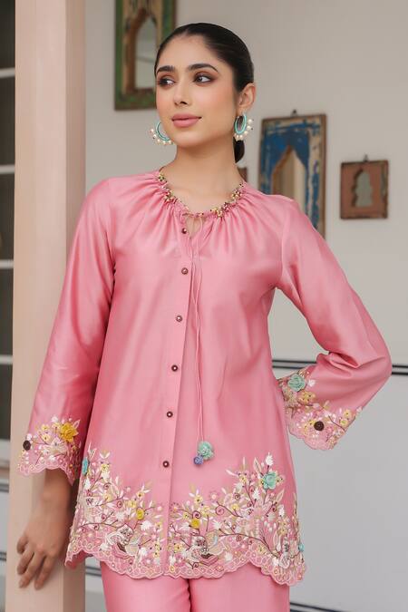 Buy_Label Niti Bothra_Pink Silk, Tencel Embroidery, Beads Round Neck Floral Pant Set 