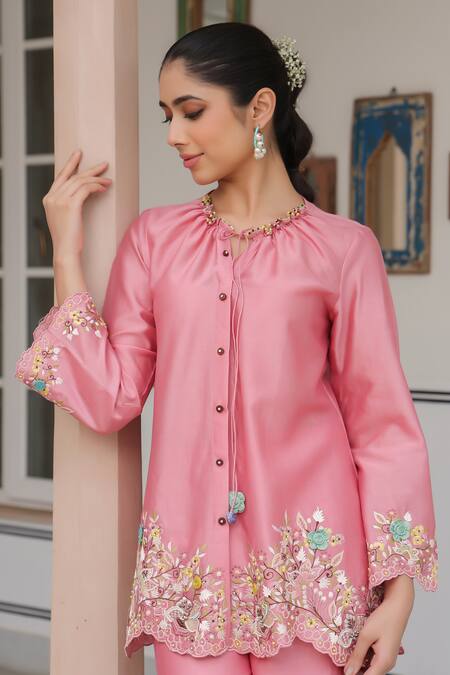 Shop_Label Niti Bothra_Pink Silk, Tencel Embroidery, Beads Round Neck Floral Pant Set 