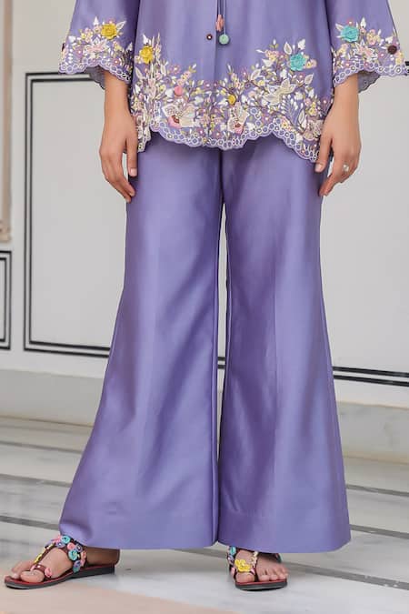 Label Niti Bothra Purple Silk, Tencel Embroidery, Beads, Fabric Flowers Round Floral Pant Set Online at Aza Fashions Label Niti Bothra_Purple Silk, Tencel Embroidery, Beads, Fabric Flowers Round Floral Pant Set _Online_at_Aza_Fashions