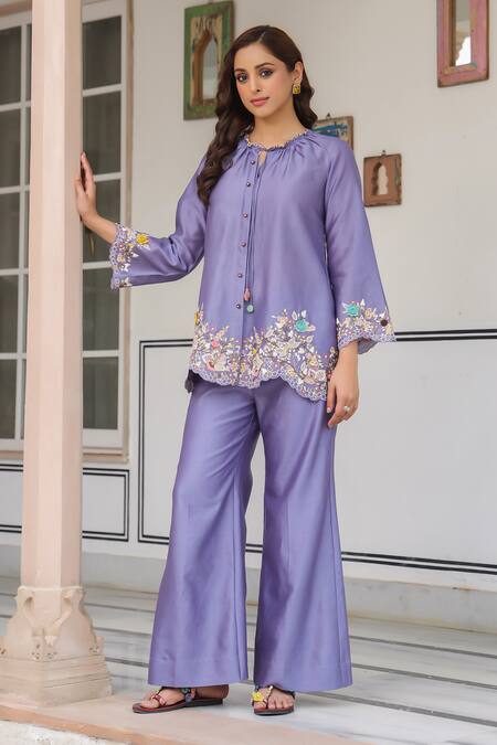 Buy_Label Niti Bothra_Purple Silk, Tencel Embroidery, Beads, Fabric Flowers Round Floral Pant Set _Online_at_Aza_Fashions