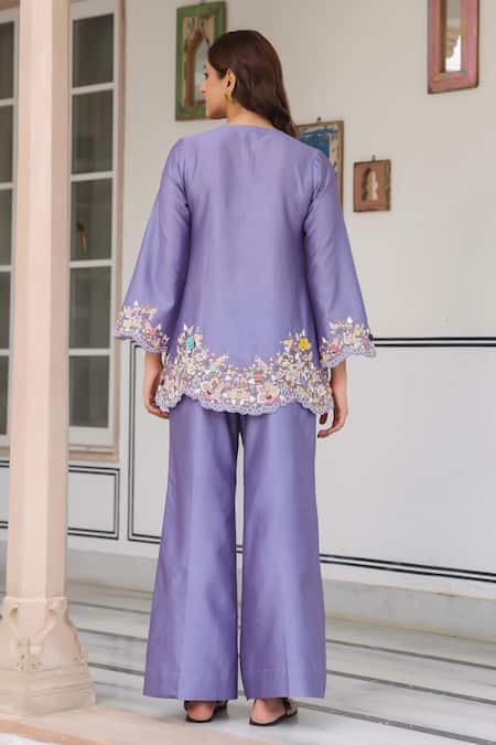 Shop_Label Niti Bothra_Purple Silk, Tencel Embroidery, Beads, Fabric Flowers Round Floral Pant Set _at_Aza_Fashions