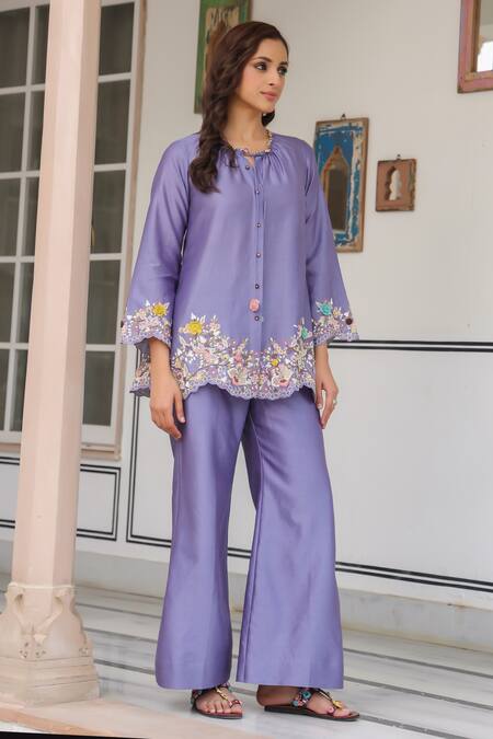 Shop_Label Niti Bothra_Purple Silk, Tencel Embroidery, Beads, Fabric Flowers Round Floral Pant Set _Online_at_Aza_Fashions