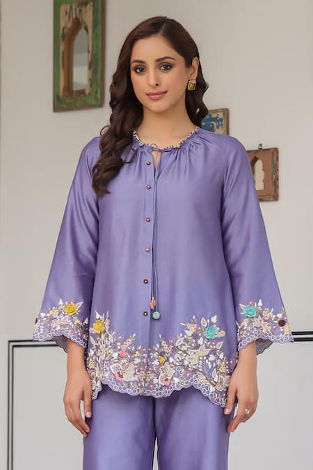 Label Niti Bothra Purple Silk, Tencel Embroidery, Beads, Fabric Flowers Round Floral Pant Set at Aza Fashions Label Niti Bothra_Purple Silk, Tencel Embroidery, Beads, Fabric Flowers Round Floral Pant Set _at_Aza_Fashions