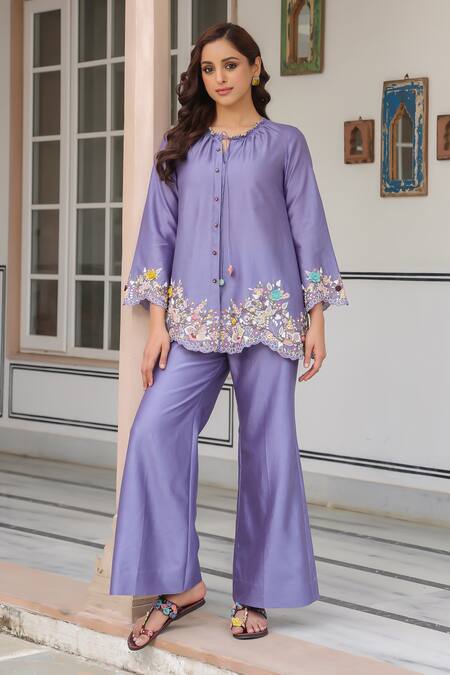 Buy_Label Niti Bothra_Purple Silk, Tencel Embroidery, Beads, Fabric Flowers Round Floral Pant Set 