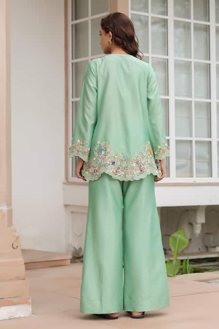 Shop_Label Niti Bothra_Green Silk, Tencel Embroidery, Beads Round Neck Floral Pant Set _at_Aza_Fashions