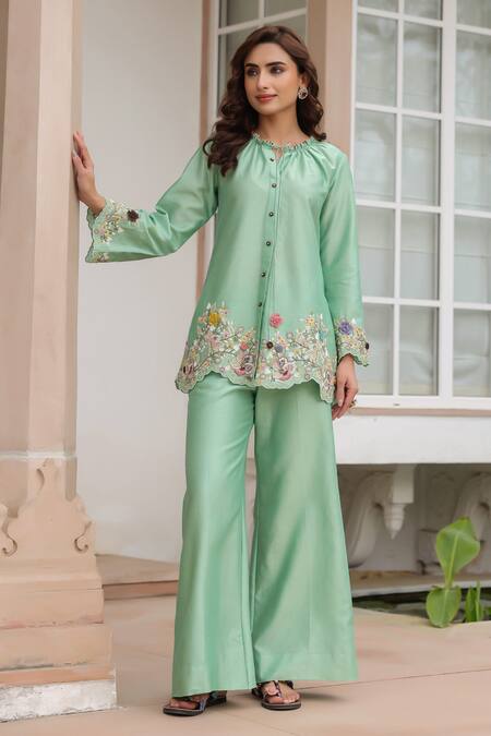 Label Niti Bothra_Green Silk, Tencel Embroidery, Beads Round Neck Floral Pant Set _Online_at_Aza_Fashions