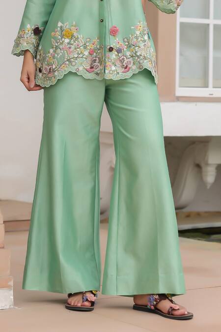 Buy Label Niti Bothra Green Silk, Tencel Embroidery, Beads Round Neck Floral Pant Set Online at Aza Fashions Buy_Label Niti Bothra_Green Silk, Tencel Embroidery, Beads Round Neck Floral Pant Set _Online_at_Aza_Fashions
