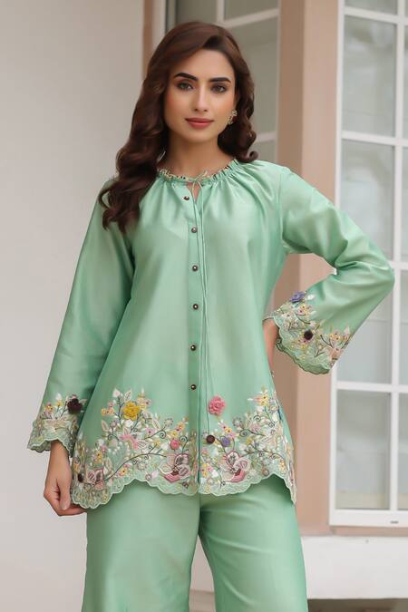 Shop Label Niti Bothra Green Silk, Tencel Embroidery, Beads Round Neck Floral Pant Set Online at Aza Fashions Shop_Label Niti Bothra_Green Silk, Tencel Embroidery, Beads Round Neck Floral Pant Set _Online_at_Aza_Fashions