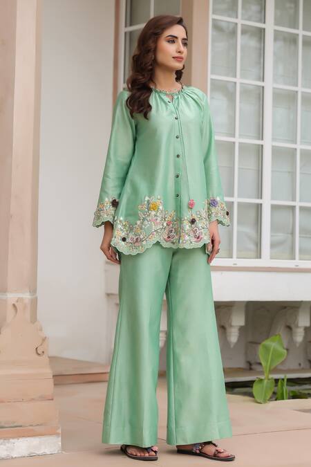 Label Niti Bothra_Green Silk, Tencel Embroidery, Beads Round Neck Floral Pant Set _at_Aza_Fashions