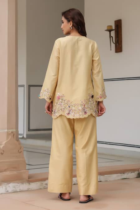 Shop_Label Niti Bothra_Yellow Silk, Tencel Beads Round Neck Floral Embroidered Pant Set _at_Aza_Fashions