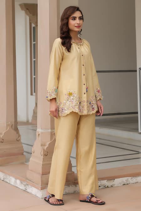 Label Niti Bothra_Yellow Silk, Tencel Beads Round Neck Floral Embroidered Pant Set _Online_at_Aza_Fashions