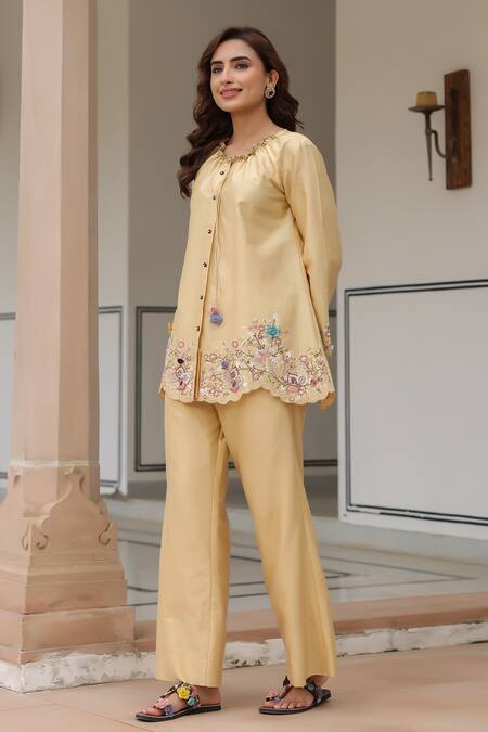 Shop_Label Niti Bothra_Yellow Silk, Tencel Beads Round Neck Floral Embroidered Pant Set _Online_at_Aza_Fashions
