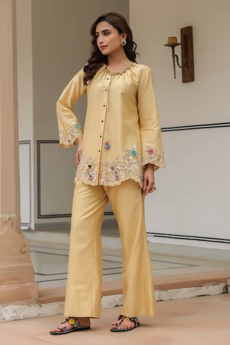 Label Niti Bothra_Yellow Silk, Tencel Beads Round Neck Floral Embroidered Pant Set _at_Aza_Fashions