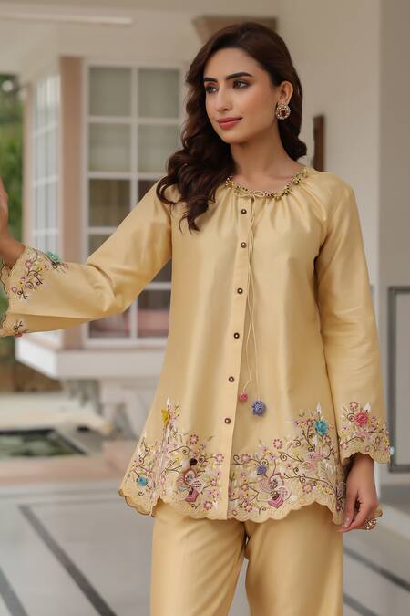 Buy_Label Niti Bothra_Yellow Silk, Tencel Beads Round Neck Floral Embroidered Pant Set 