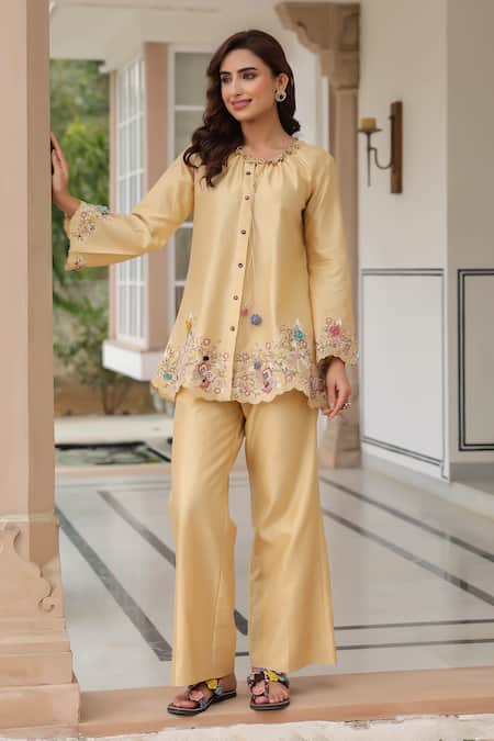 Shop_Label Niti Bothra_Yellow Silk, Tencel Beads Round Neck Floral Embroidered Pant Set 