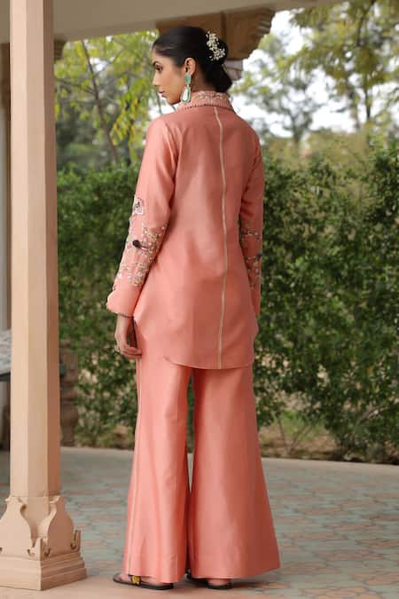 Shop_Label Niti Bothra_Peach Silk Embroidery Collared Floral Pant Set _at_Aza_Fashions