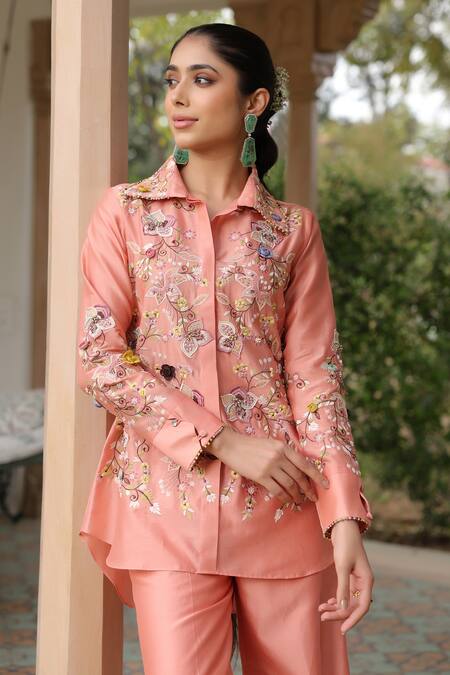 Buy_Label Niti Bothra_Peach Silk Embroidery Collared Floral Pant Set _Online_at_Aza_Fashions
