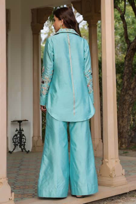 Shop_Label Niti Bothra_Blue Silk, Tencel Beads, Fabric Flowers Floral Embroidered Co-ord Pant Set _at_Aza_Fashions