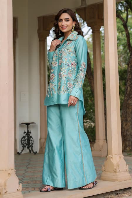 Buy_Label Niti Bothra_Blue Silk, Tencel Beads, Fabric Flowers Floral Embroidered Co-ord Pant Set _Online_at_Aza_Fashions