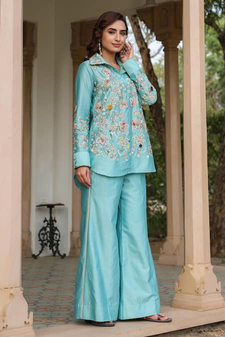 Shop_Label Niti Bothra_Blue Silk, Tencel Beads, Fabric Flowers Floral Embroidered Co-ord Pant Set _Online_at_Aza_Fashions