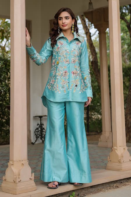 Label Niti Bothra_Blue Silk, Tencel Beads, Fabric Flowers Floral Embroidered Co-ord Pant Set _at_Aza_Fashions
