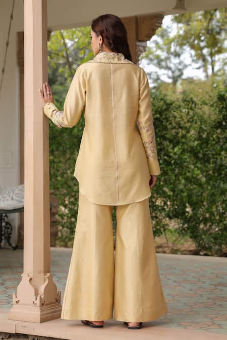 Shop_Label Niti Bothra_Yellow Silk, Tencel Beads, Fabric Flowers Collared Floral Embroidered Pant Set _at_Aza_Fashions