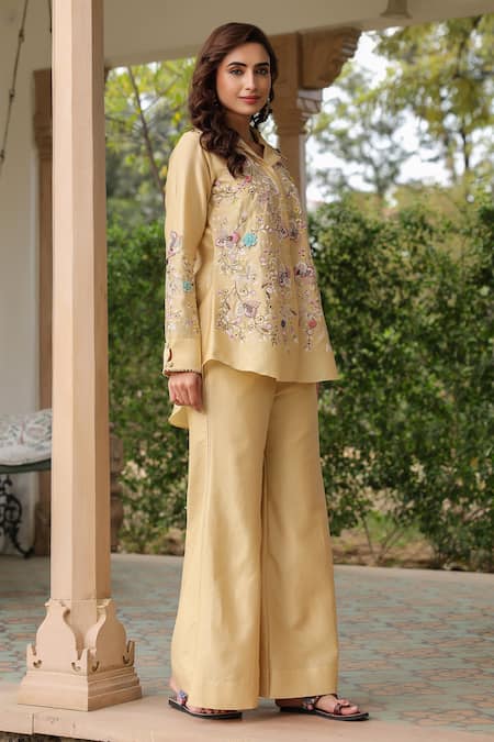 Label Niti Bothra_Yellow Silk, Tencel Beads, Fabric Flowers Collared Floral Embroidered Pant Set _Online_at_Aza_Fashions