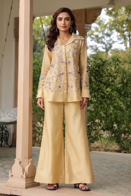 Shop_Label Niti Bothra_Yellow Silk, Tencel Beads, Fabric Flowers Collared Floral Embroidered Pant Set _Online_at_Aza_Fashions