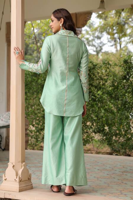 Shop_Label Niti Bothra_Green Silk, Tencel Embroidery, Beads Collared Floral Co-ord Set _at_Aza_Fashions