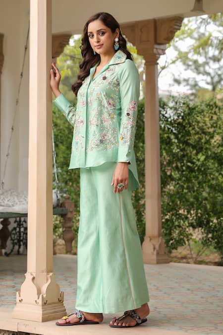 Buy_Label Niti Bothra_Green Silk, Tencel Embroidery, Beads Collared Floral Co-ord Set _Online_at_Aza_Fashions