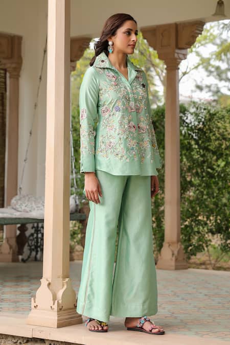 Shop_Label Niti Bothra_Green Silk, Tencel Embroidery, Beads Collared Floral Co-ord Set _Online_at_Aza_Fashions
