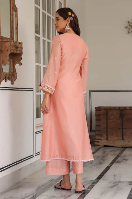 Shop_Label Niti Bothra_Peach Cotton Embroidery Keyhole Neck Kurta Set _at_Aza_Fashions