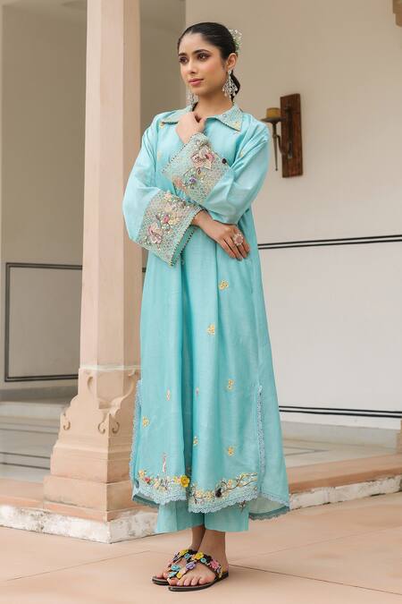 Label Niti Bothra_Blue Silk, Chanderi Beads, Fabric Flowers Collared Floral Embroidered Kurta Set_Online_at_Aza_Fashions