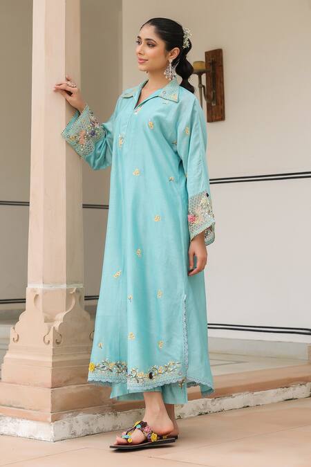 Label Niti Bothra_Blue Silk, Chanderi Beads, Fabric Flowers Collared Floral Embroidered Kurta Set_at_Aza_Fashions