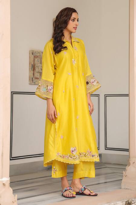 Label Niti Bothra_Yellow Silk, Chanderi Beads, Embroidery, Fabric Flowers Floral Kurta Set_Online_at_Aza_Fashions