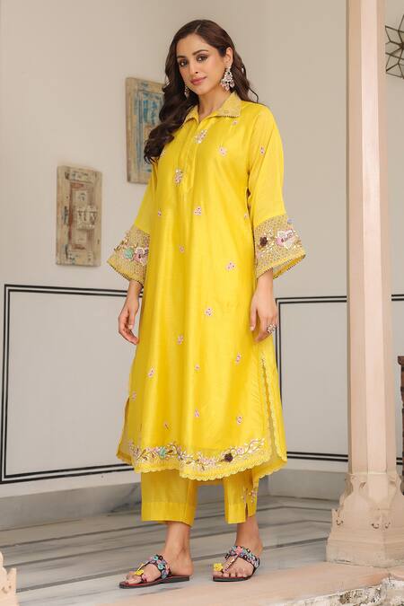 Shop_Label Niti Bothra_Yellow Silk, Chanderi Beads, Embroidery, Fabric Flowers Floral Kurta Set_Online_at_Aza_Fashions