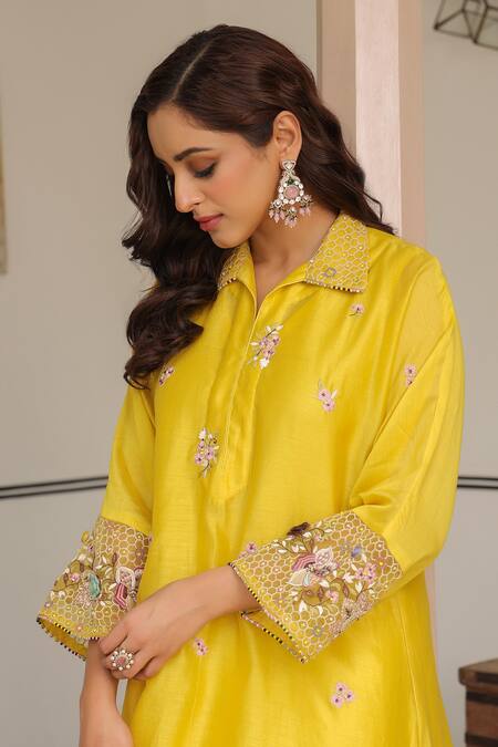 Buy_Label Niti Bothra_Yellow Silk, Chanderi Beads, Embroidery, Fabric Flowers Floral Kurta Set