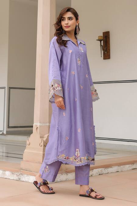 Label Niti Bothra_Lilac Silk, Chanderi Beads, Fabric Flowers Floral Embroidered Kurta Set_Online_at_Aza_Fashions