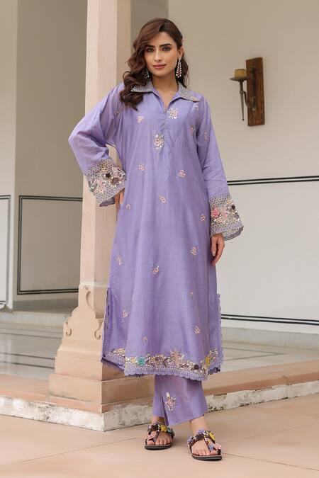 Buy_Label Niti Bothra_Lilac Silk, Chanderi Beads, Fabric Flowers Floral Embroidered Kurta Set_Online_at_Aza_Fashions