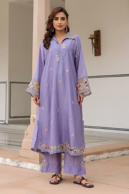 Shop_Label Niti Bothra_Lilac Silk, Chanderi Beads, Fabric Flowers Floral Embroidered Kurta Set_Online_at_Aza_Fashions