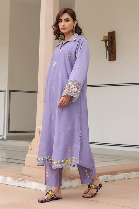 Label Niti Bothra_Lilac Silk, Chanderi Beads, Fabric Flowers Floral Embroidered Kurta Set_at_Aza_Fashions