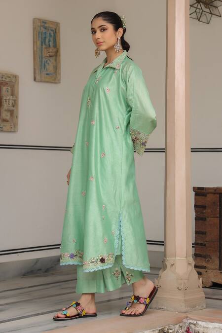 Label Niti Bothra_Green Silk, Chanderi Beads, Fabric Flowers Floral Embroidered Kurta Set_Online_at_Aza_Fashions