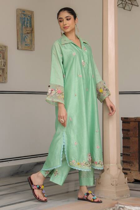 Shop_Label Niti Bothra_Green Silk, Chanderi Beads, Fabric Flowers Floral Embroidered Kurta Set_Online_at_Aza_Fashions