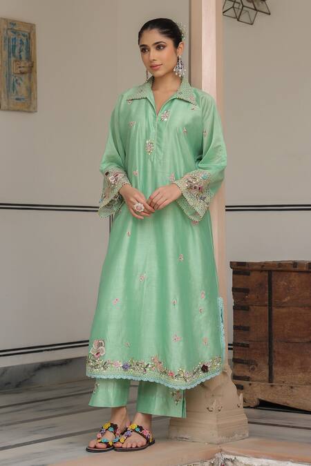 Label Niti Bothra_Green Silk, Chanderi Beads, Fabric Flowers Floral Embroidered Kurta Set_at_Aza_Fashions